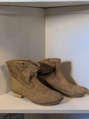 bucco Tan Perforated Suede Ankle Booties